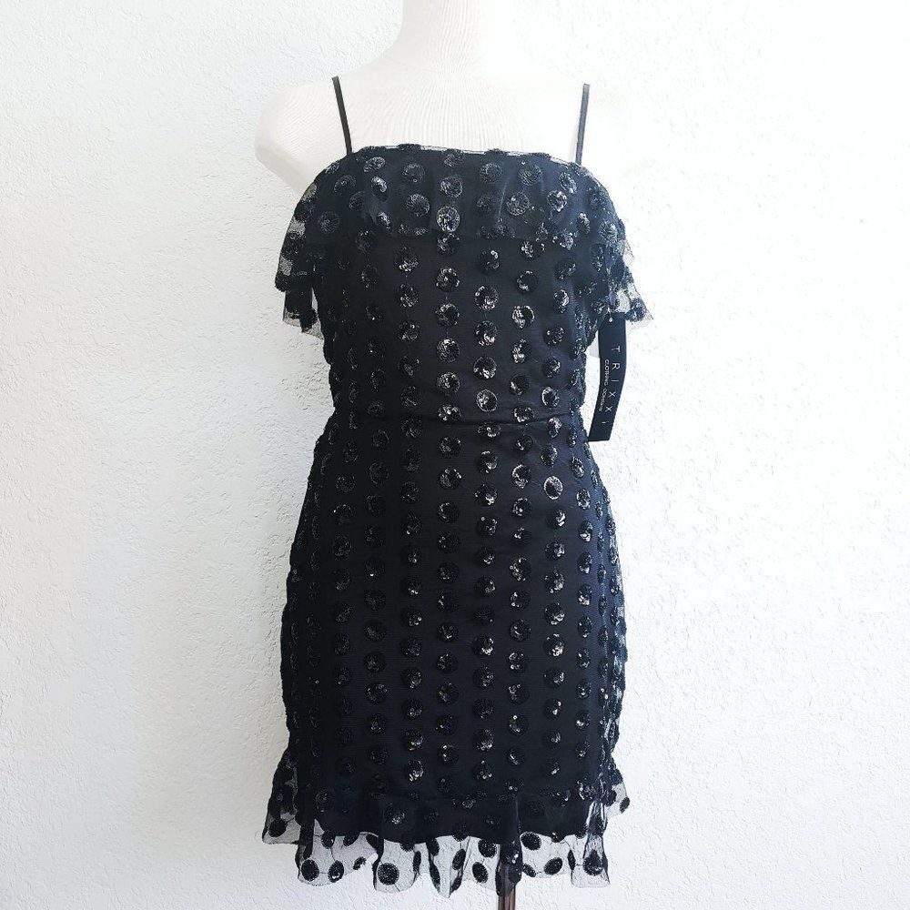 NWT Trixxi Black Sequin Polka Dot Flounce Mini Party Dress Junior 1 Y2K Glam - Picture 2 of 8